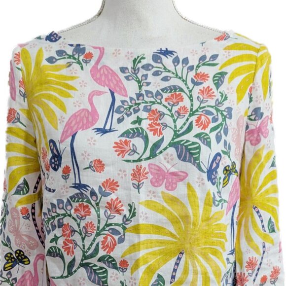 Boden Laurie Linen Top in Tropical Charm Cranes Birds Flowers Floral Butterflies - Picture 4 of 10